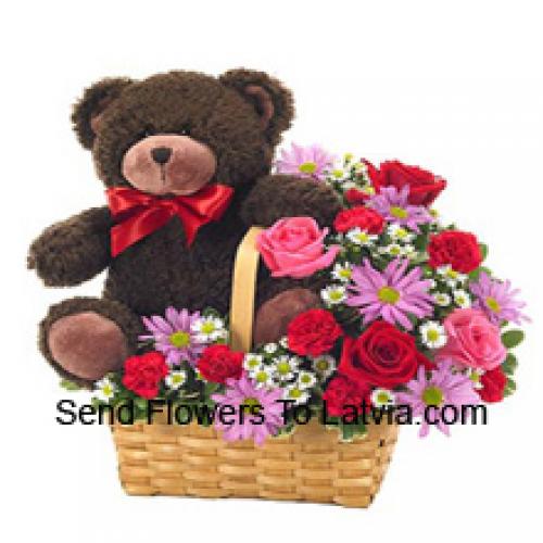 Assorted Flower Basket with 14 Inch Teddy