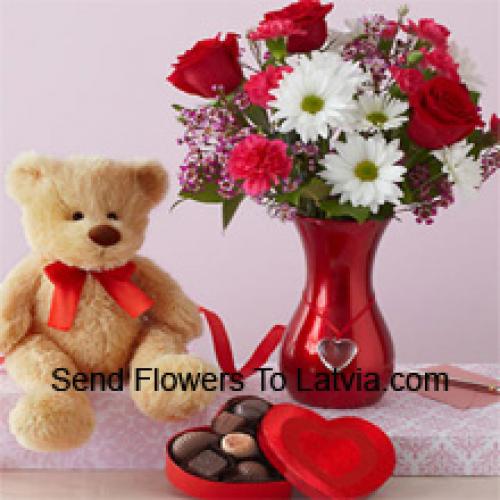 Rosas y Gerberas con Lindo Oso de Peluche y Chocolates