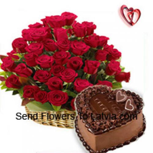 51 Roses Red Basket with 1 Kg Chocolate Cake