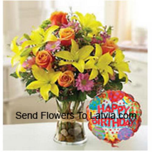 Beautiful Assorted Flowers with Birthday Balloon