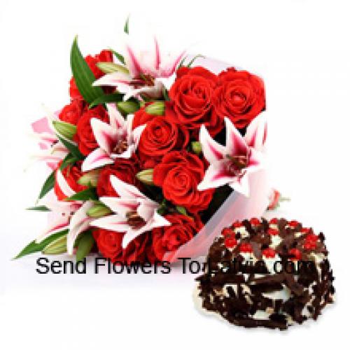 Roses and Lilies with Yummy 1 Kg Choco Crisp Cake