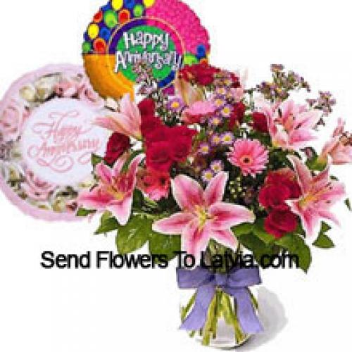 Assorted Flowers With Anniversary Balloon and Cake