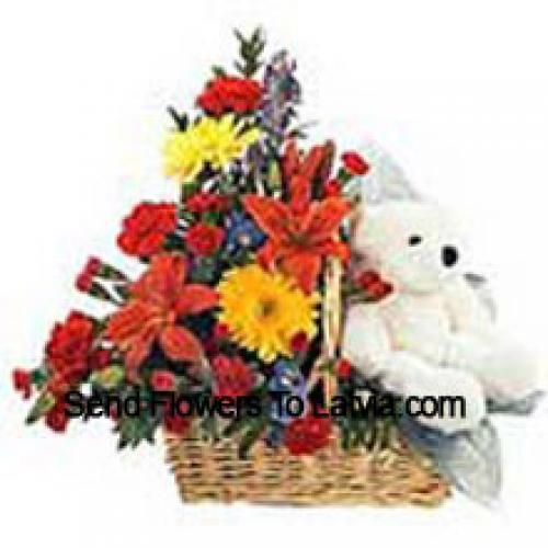 Basket of Assorted Flowers with Teddy Bear