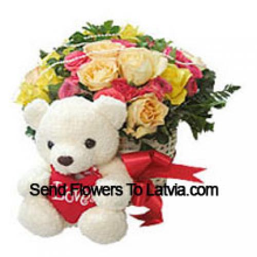 25 Rosas Mixtas con Oso de Peluche