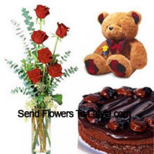 7 Red Roses with Chocolate Cake and Teddy