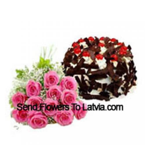 11 Pink Roses with Tasty Chocolate Crisp Cake