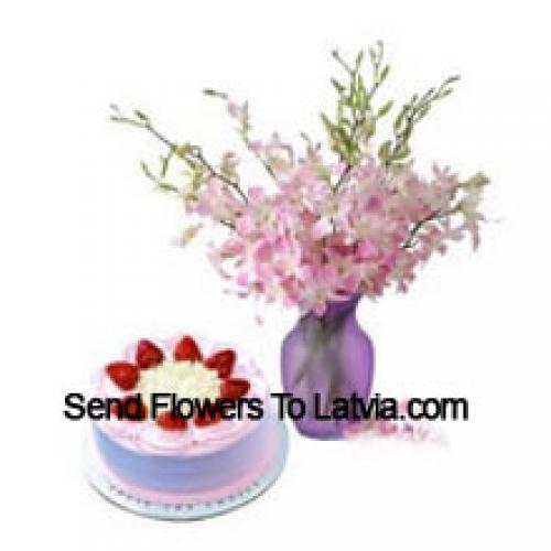 Orchids with Yummy 1/2 Kg Strawberry Cake