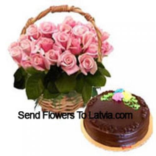 25 Pink Roses with Chocolate Truffle Cake