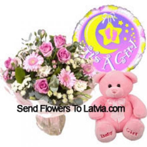 Pink Assorted Flowers with Balloon and Teddy