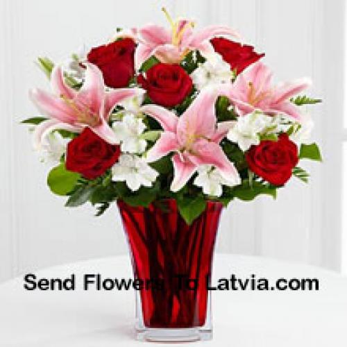 Red Roses with Pink Lilies in Vase