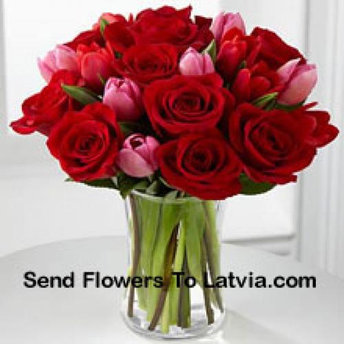 11 Roses and 6 Cute Tulips in Vase