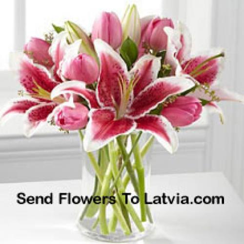 Pink Lilies and Tulips in Vase