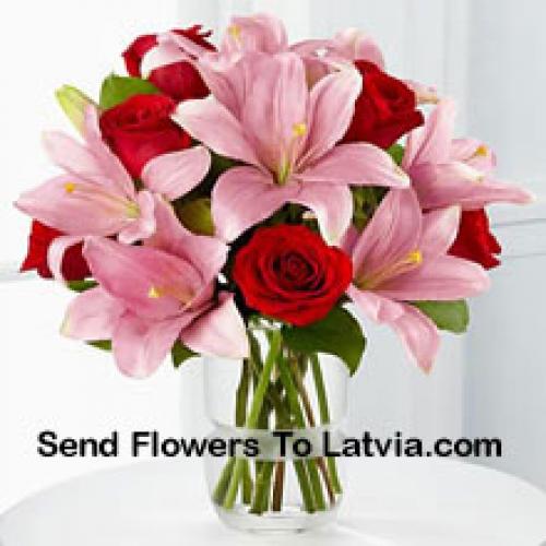 Pink Lilies and Cute Red Roses