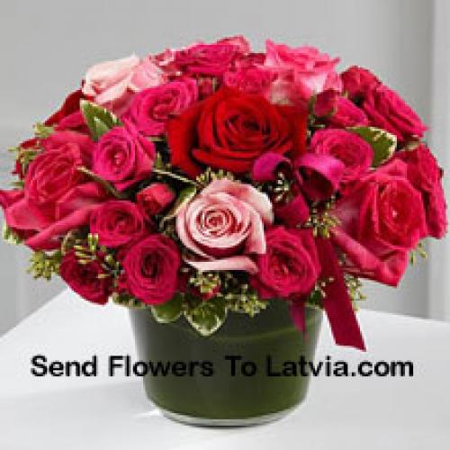 Red and Pink Basket of 25 Roses